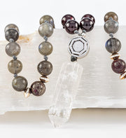 mala beads, mala necklace, labradorite, red garnet, pyrite, clear quartz - detail
